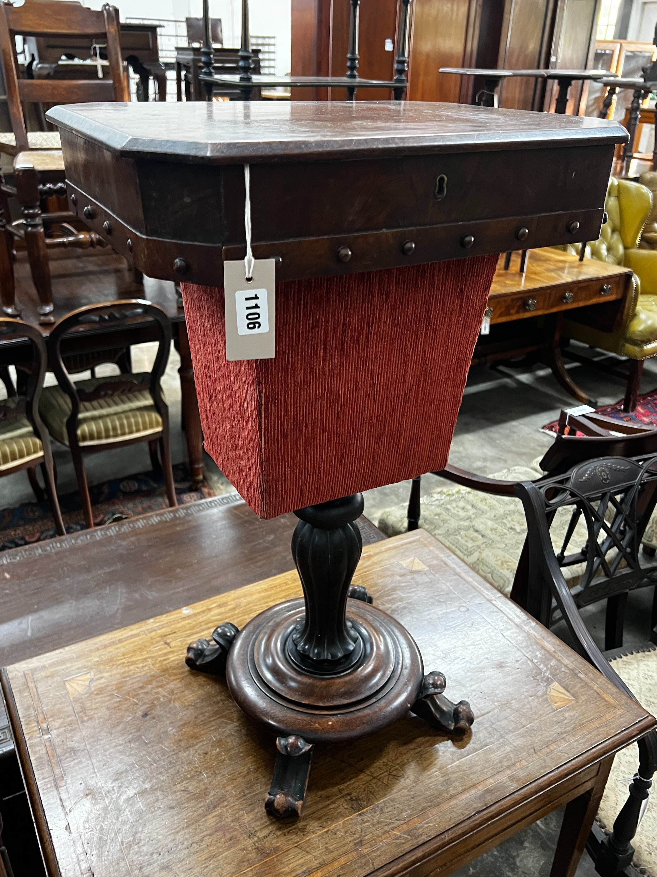 An early Victorian mahogany work table, width 45cm, depth 35cm, height 71cm